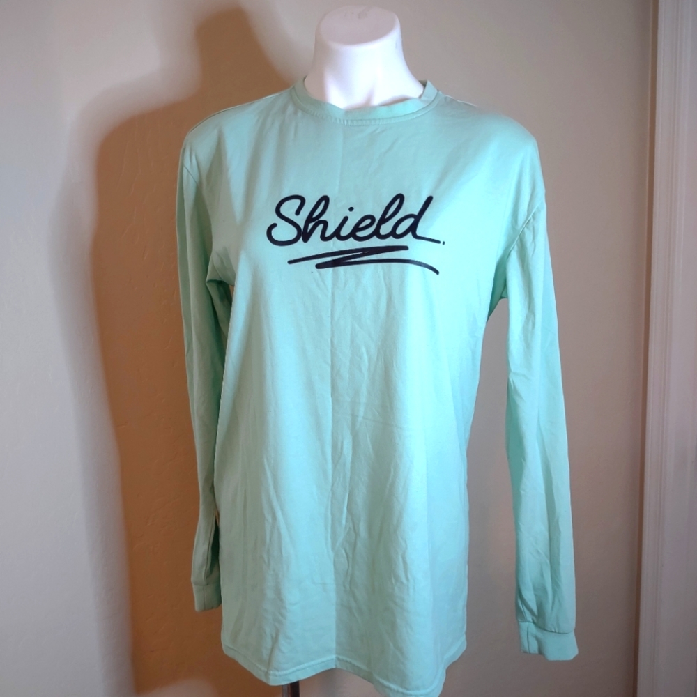 Shield teal green long sleeve crew neck t-shirt size medium